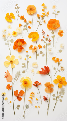 beautiful assorted pressed orange and yellow flowers, on a plain white background © MariaJos