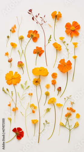 beautiful assorted pressed orange and yellow flowers, on a plain white background © MariaJos