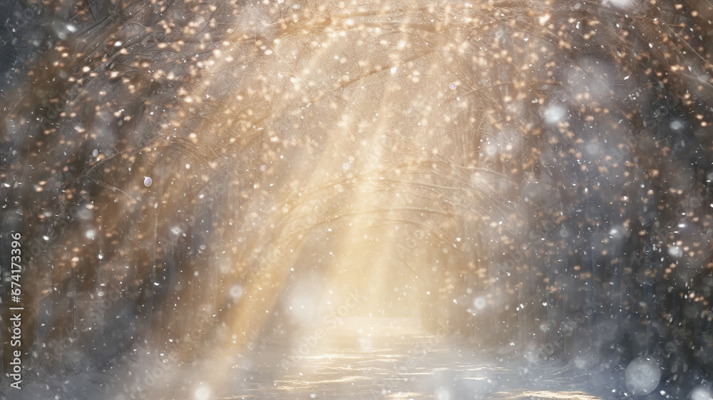 landscape in a winter park, snow falling light background, trees covered with frost in the morning sun and fog, greeting card with a copy space landscape in a winter park, snow falling light background, trees covered with frost in the morning sun and fog, greeting card with a copy space