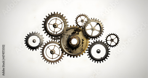 An artistic arrangement of interlocking metal gears and cogs, symbolizing precision and industrial machinery, with a central golden gear.
