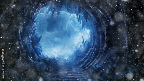 background ice tunnel, cave, abstract cold blue passage, hole in the winter world fantasy graphics
