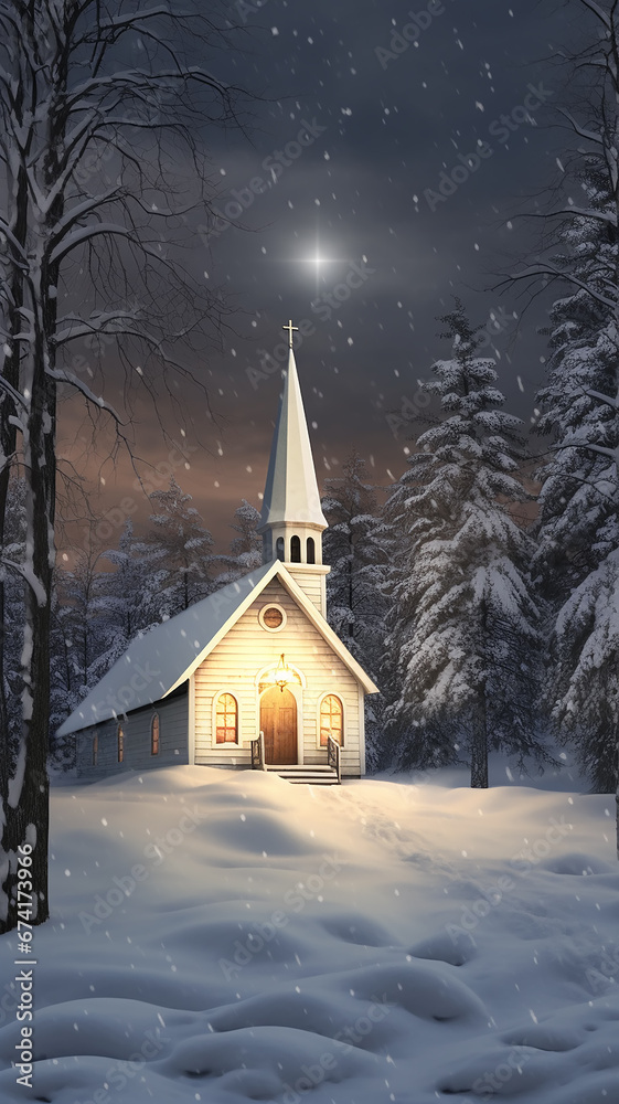 christmas greeting card vertical high panorama, church in the forest decorated with glowing garlands in winter, abstract background copy space christmas greeting card vertical high panorama, church in the forest decorated with glowing garlands in winter, abstract background copy space