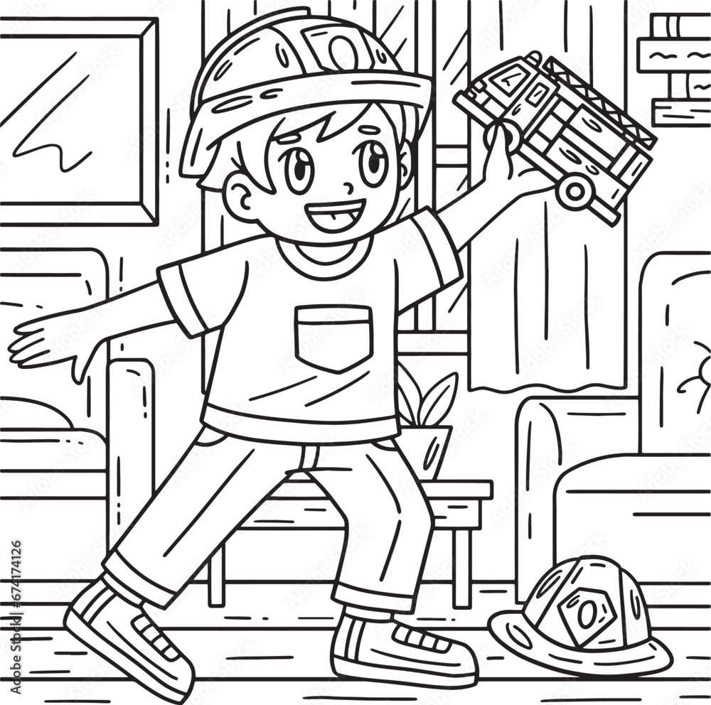 Child with Firefighter Truck Toy Coloring Page 