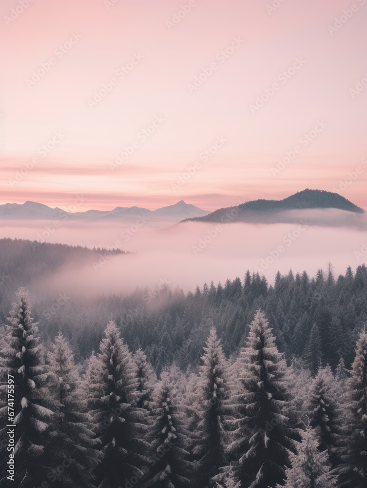 Foggy morning in the mountains. Beautiful winter landscape. Carpathians, Ukraine, Europe. 