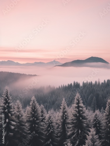 Foggy morning in the mountains. Beautiful winter landscape. Carpathians  Ukraine  Europe. 