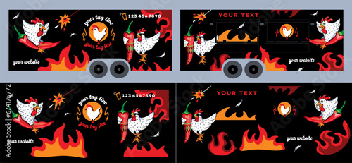 Food Truck Wrap Decal for Fried Chicken Restaurant. View from two sides. Editable vector mockup, all elements on separate layers