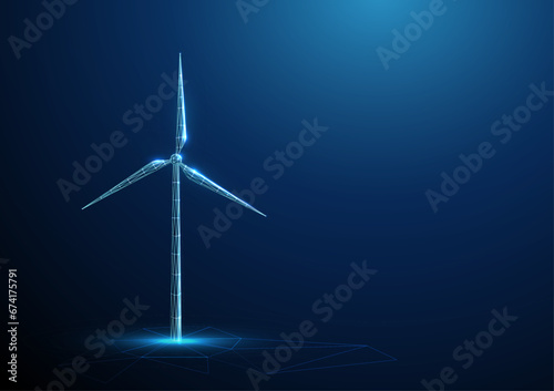 Abstract blue low poly wind turbine. Green renewable energy electricity concept. Polygonal style.