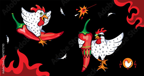 Fiery Chicken Mascots with chili pepper and flames 