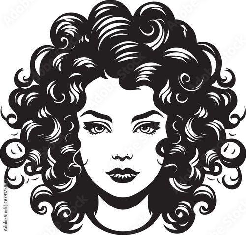 Ebon Elegance Stylish Waves of Elegance in Vector Ink Black Charm A Curly Haired Icon of Beauty