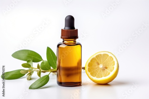 A bottle of essential oil next to a half of a lemon.