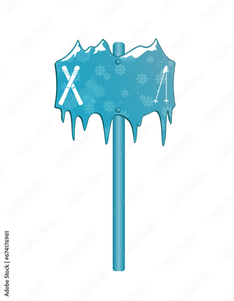 Creative winter season sign board with mountains, icicles, snow flake, ski, ski poles. 3d winter sign label design to use for ski pass, winter sports promotion, discount card. 