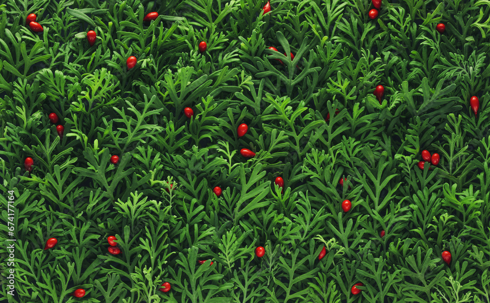 Christmas background with green Christmas tree leaves and vibrant red berries wallpaper.