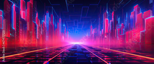 Vaporwave synthwave blue and pink cityscape skyline landscape with colorful LED light wallpaper banner background