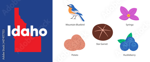 Idaho states with symbol icon of huckleberry potato star garnet syringa mountain bluebird illustration