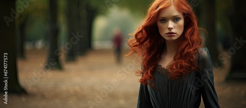A girl with red hair wearing a dress strolls in the park photo
