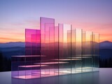 Abstract architecture background with glass panels and mountains at sunset. 