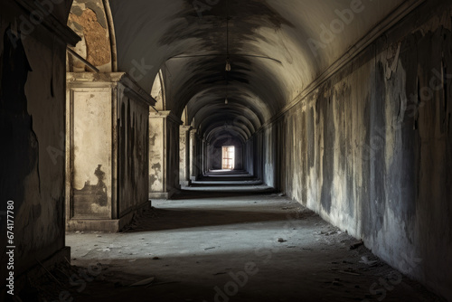 old abandoned ruined rundown tunnel hallway for presentation display background