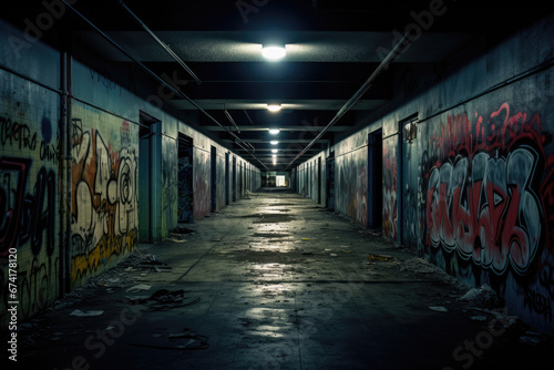 old abandoned tunnel hallway with graffiti for presentation display background,
