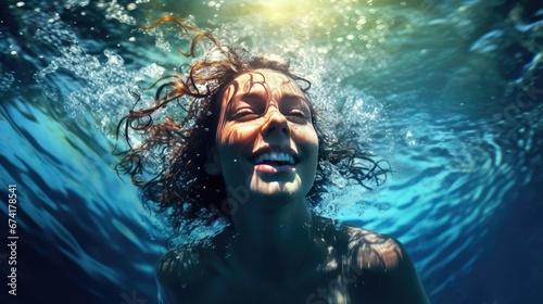 Young happy woman swimming in the water © cherezoff