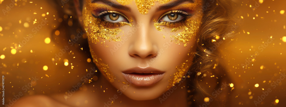 Banner of Young woman with golden stylish glitter makeup on golden sparkling background. Banner of Young woman with golden stylish glitter makeup on golden sparkling background.