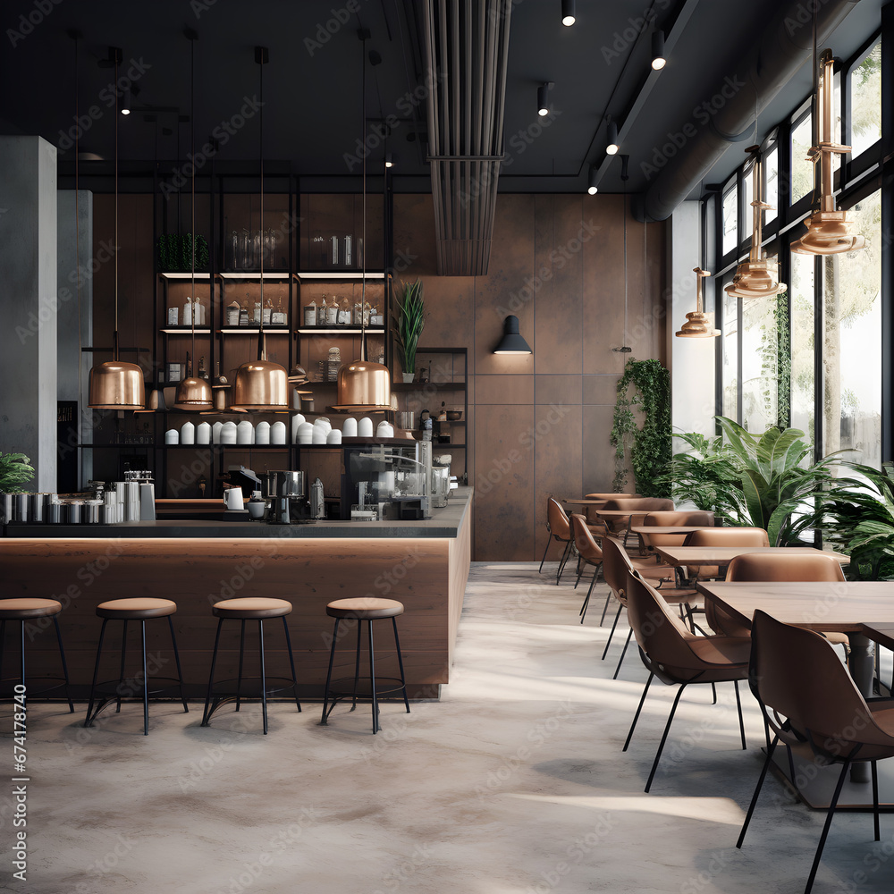 Interior of a coffee shop with industrial dining tables and dark wood interior design