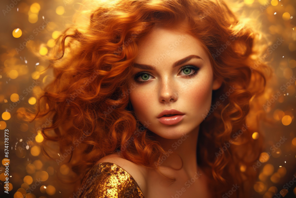 Curly Redhead Woman with stylish makeup on golden glitter on golden sparkling background.