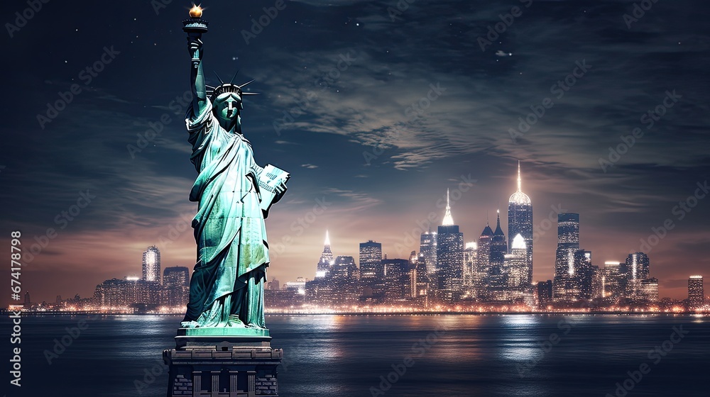 Skyline of New York city at night, generative AI . - obrazy, fototapety, plakaty 