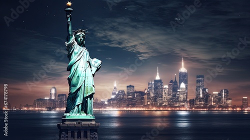 Skyline of New York city at night, generative AI . © neirfy