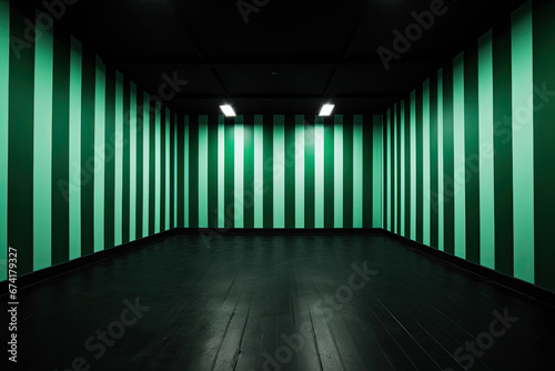 Empty room interior with colorful green and black striped pattern for presentation display