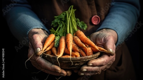 A person holding a basket full of carrots. Old hands of a worker. Lod key, dark background.