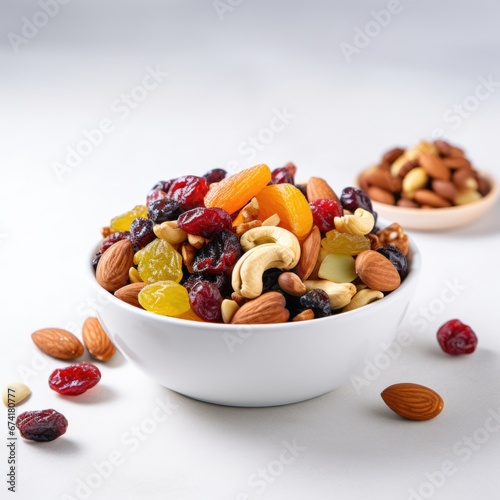 A white bowl filled with nuts and dried fruit.