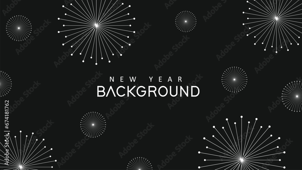 Obraz premium Happy New Year Premium background wave line isolated black background. Modern futuristic graphic design element. minimalist symmetric.