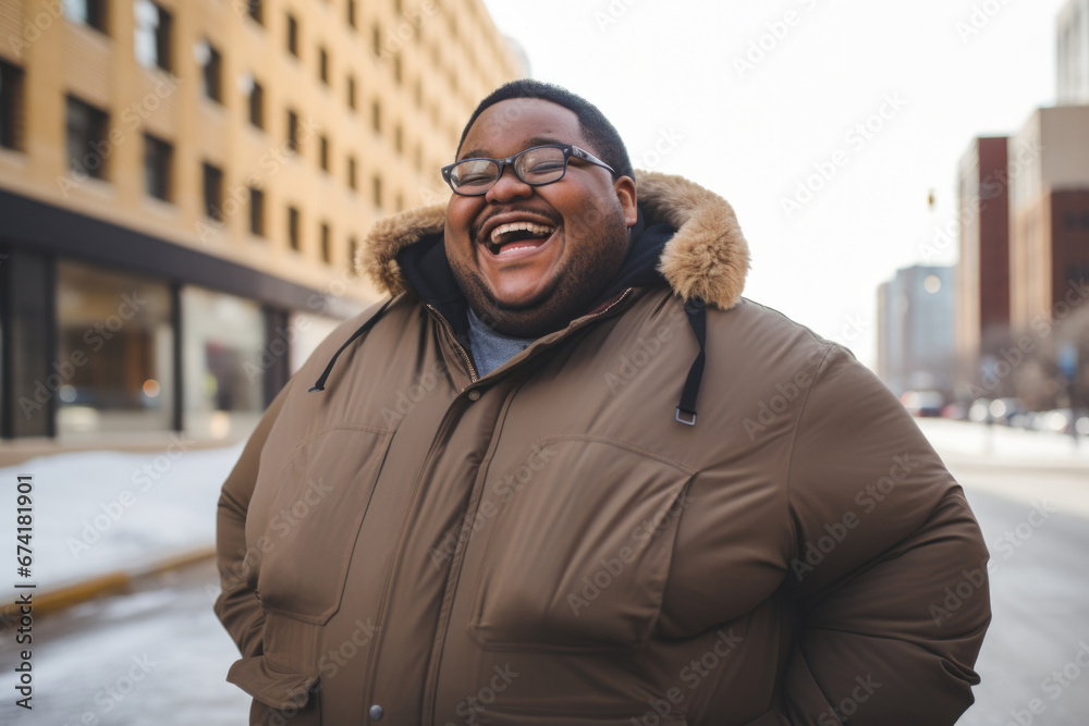 African American young fat man happy expression outdoors in a ci African American young fat man happy expression outdoors in a ci