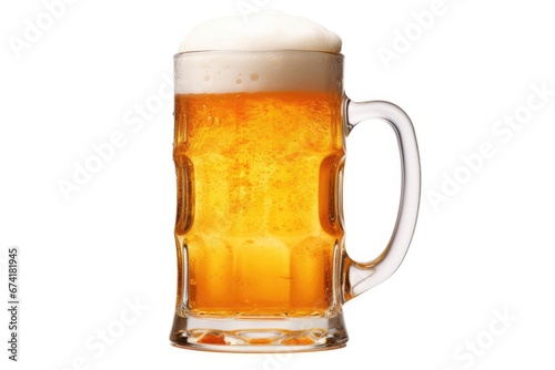 A beer mug with a chilled beverage and frothy foam, placed separately on a white background.