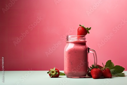 A beverage made from strawberries, blended with other ingredients, served in a glass jar on a soft pink background. A nutritious choice for starting the day or enjoying as a light snack. photo