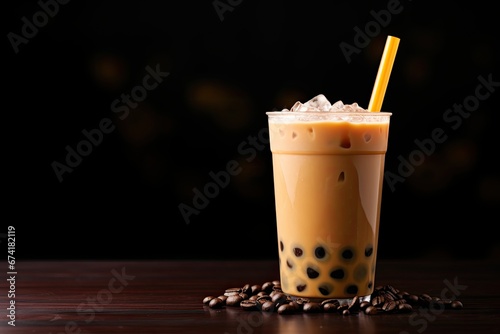 Boba or tapioca pearls refer to a Taiwanese beverage known as bubble milk tea, which is served in a plastic cup with a coffee latte flavor and is presented against a textured background. photo