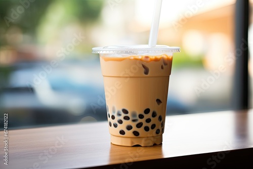 Boba or tapioca pearls, known as Taiwanese bubble milk tea, are served in a plastic cup with a delightful brown sugar flavor. photo