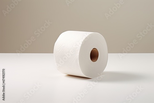 The toilet paper roll is placed on a white surface. photo