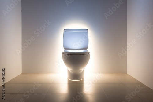 Recently installed ceramic toilet bowl adjacent to a well-lit wall.