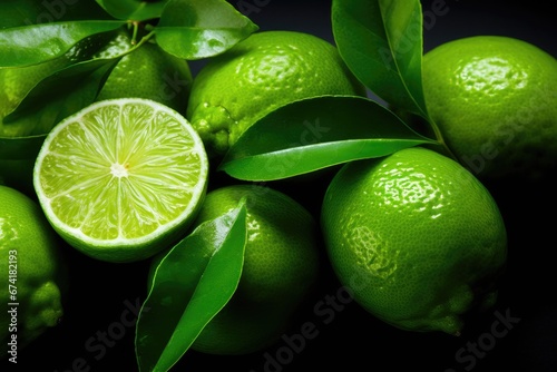 Top view of lime fruits with sliced pieces and green leaves, all set apart on a white backdrop. The composition is laid flat on the surface. photo