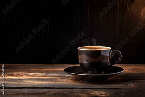 Coffee cup and saucer on a table Dark backdrop