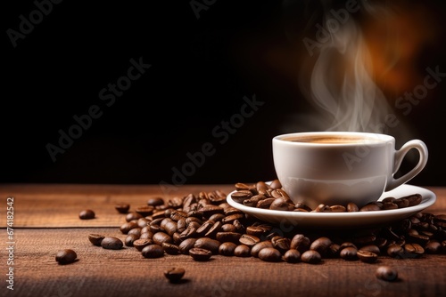 Coffee bean background with cup of espresso on right side in wide banner with space