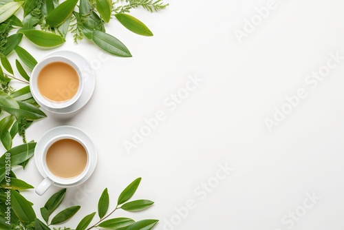 Empty desk with cup and tea leaf from above Add your text for free