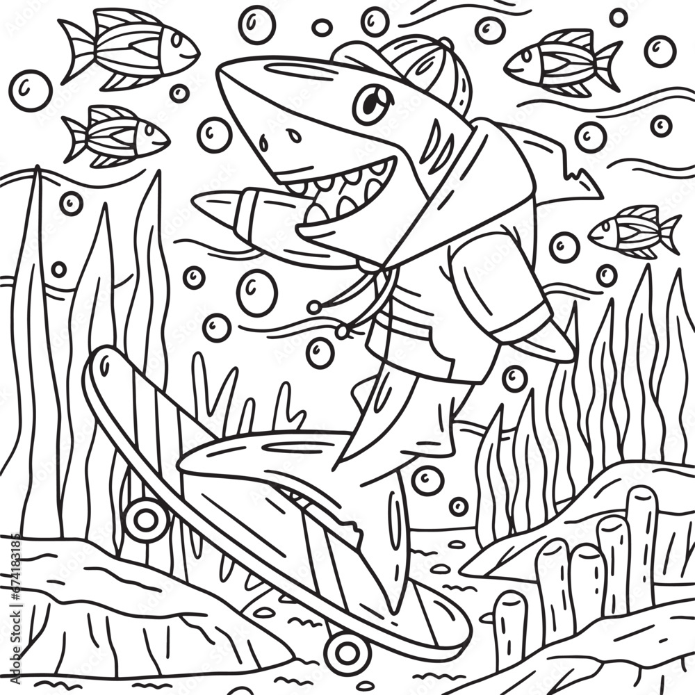 Shark Skateboarding Coloring Page for Kids