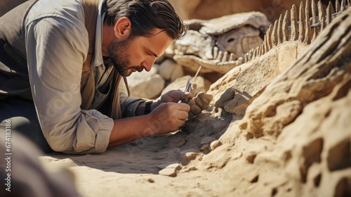 Archaeologist excavates dinosaur remains photo