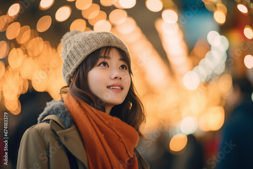 キラキラ輝くクリスマスイルミネーションの街路樹を歩く若い日本人女性「AI生成画像」