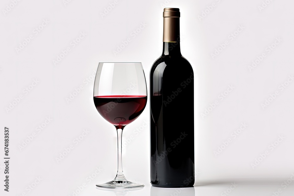 Red wine bottle and glass on a white surface Red wine bottle and glass on a white surface