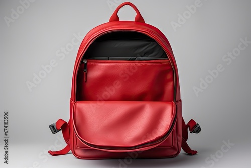 Red backpack open on white background photo