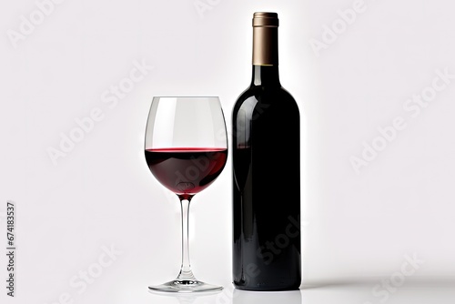 Red wine bottle and glass on a white surface