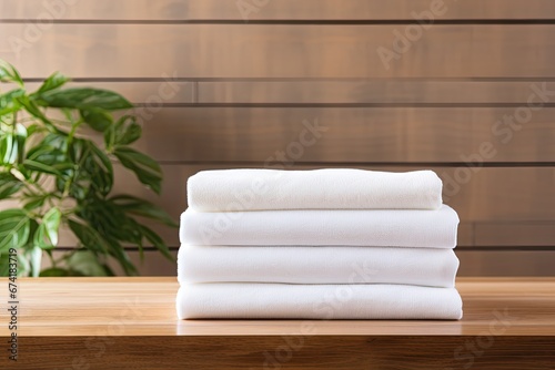 There are clean white towels for bathing positioned on a wooden counter table with a blank area for adding text or images